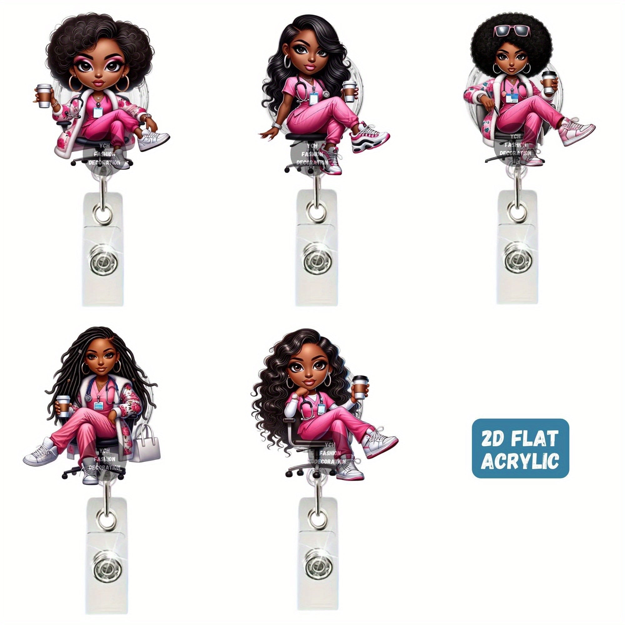 2D Flat, Black Chibi Female Nurse Coffee Patterned Acrylic, 1pc/5pcs Retractable Identity Badge Reel with Clear Plastic Badge Strap And Metal Snap, Durable ABS Material, Office Supplies, Chic Gifts - Mothscrubs