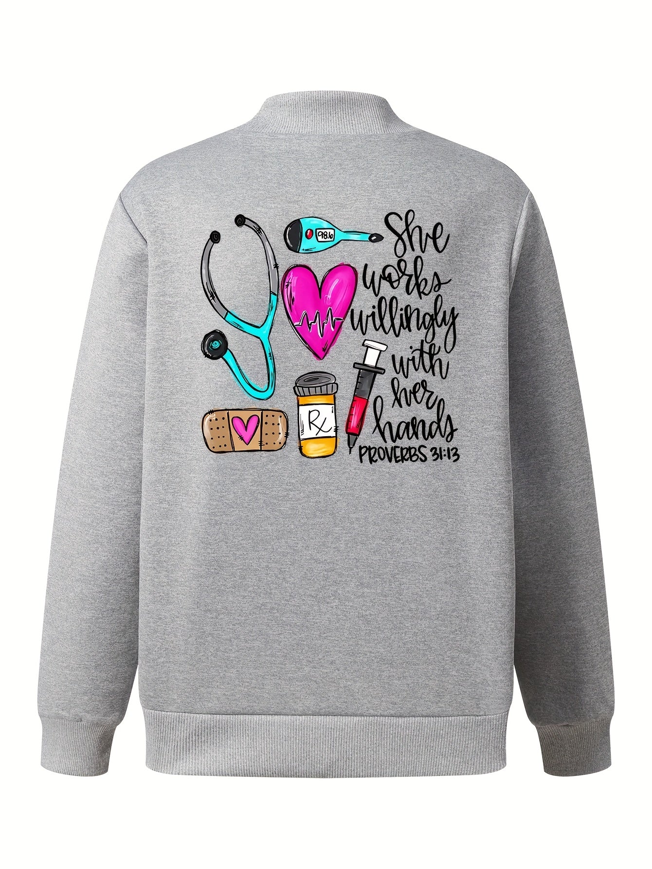 Women's Casual Printed Jacket with Zipper - Stand Collar, Long Sleeve, Pockets, Polyester, Health Care Graphics for Spring, Fall, Winter - Mothscrubs