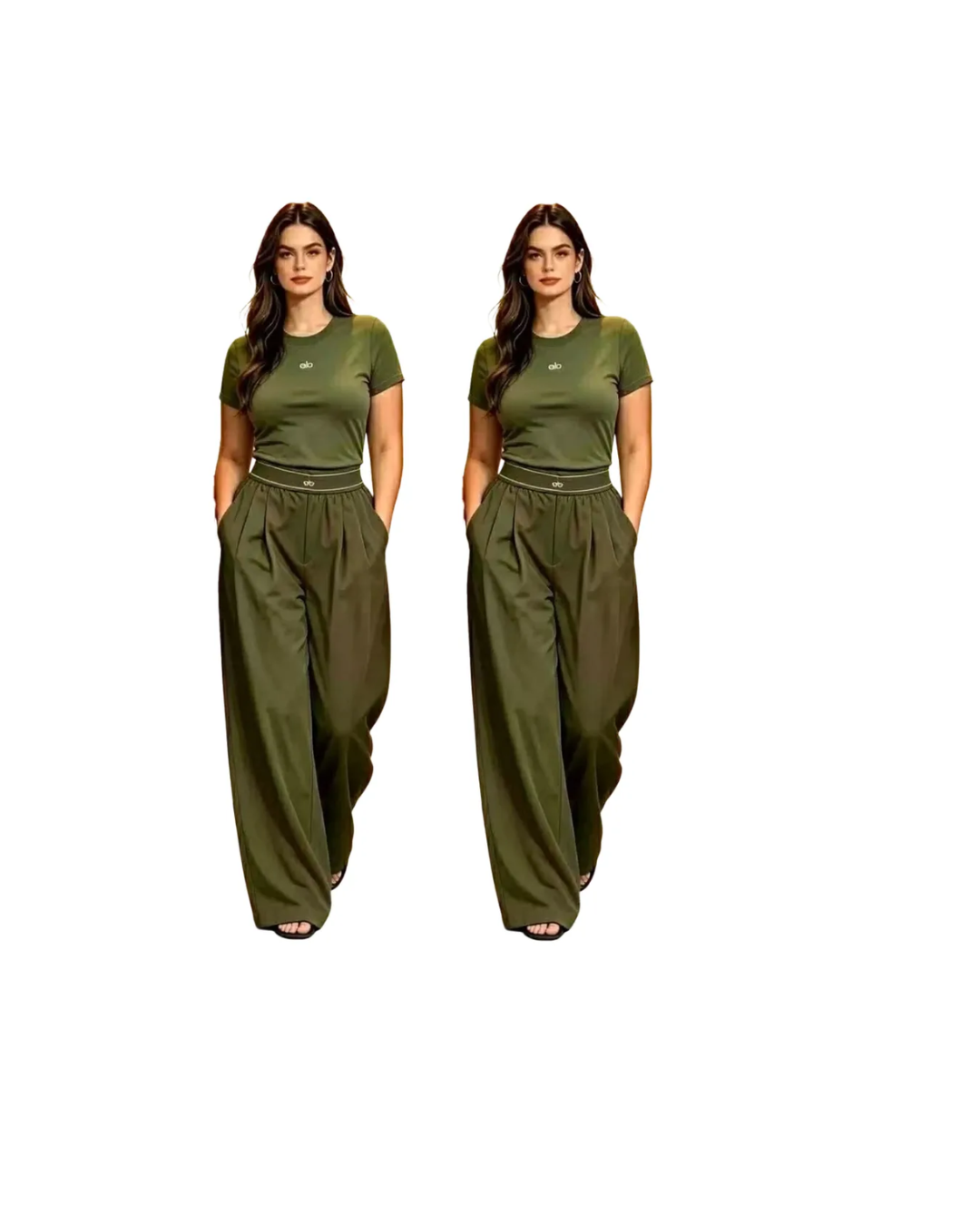 Four women modeling matching two-piece outfits consisting of short-sleeve crop tops and wide-leg pants in black, navy, brown, and olive green. The models are presented against a white rectangular background, which is centered on a dark-to-gold gradient backdrop.