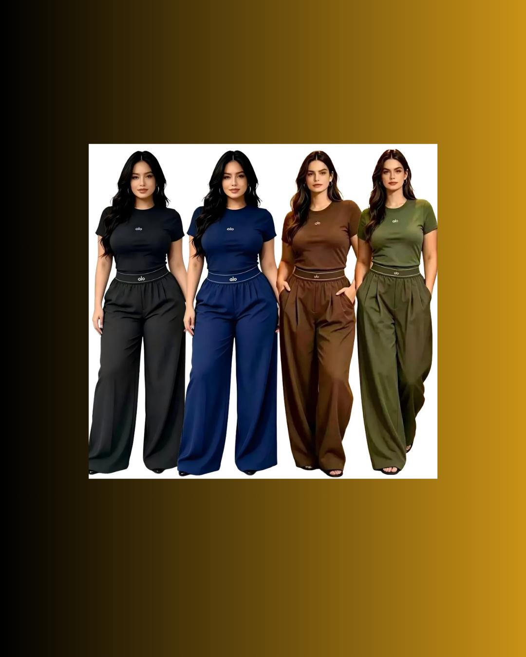 Four women modeling matching two-piece outfits consisting of short-sleeve crop tops and wide-leg pants in black, navy, brown, and olive green. The models are presented against a white rectangular background, which is centered on a dark-to-gold gradient backdrop.