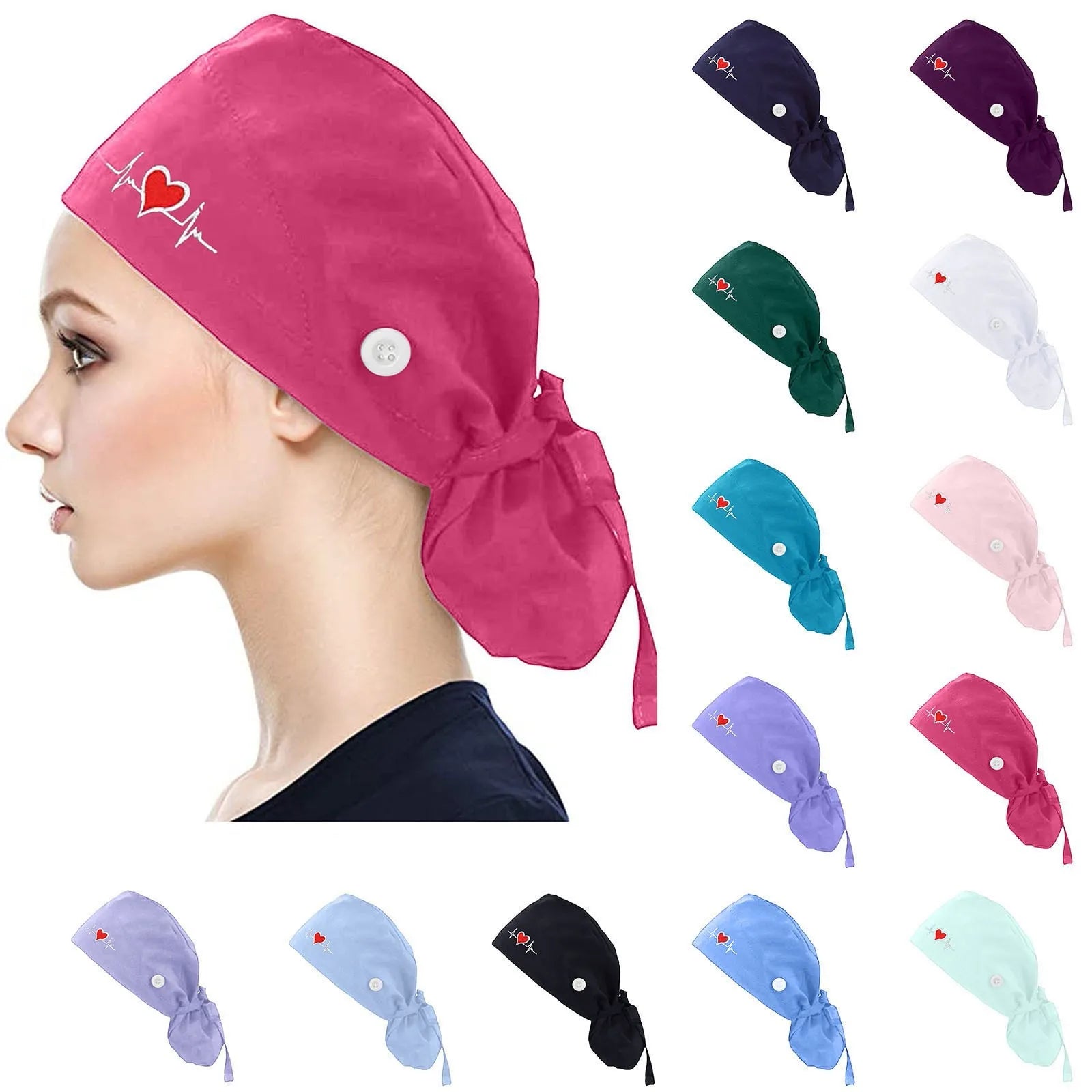 Adjustable Surgical Scrub Caps Working Cap Ponytail Holder Bouffant Nursing Hats With Buttons Long Hair Turban Hats Women & Men - Mothscrubs