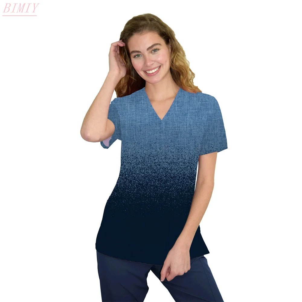 Solid Color Sequin Nurse Uniform Print Top V - Neck Pocket Medical Nursing Scrubs Tops - Mothscrubs