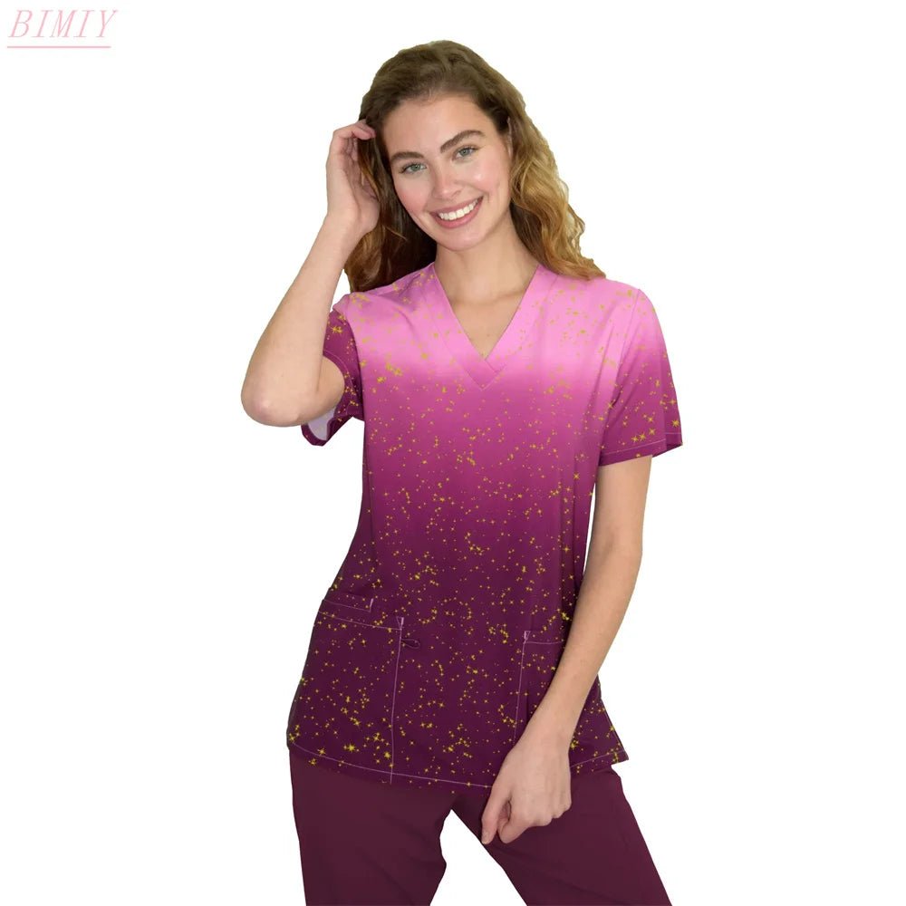 Solid Color Sequin Nurse Uniform Print Top V - Neck Pocket Medical Nursing Scrubs Tops - Mothscrubs