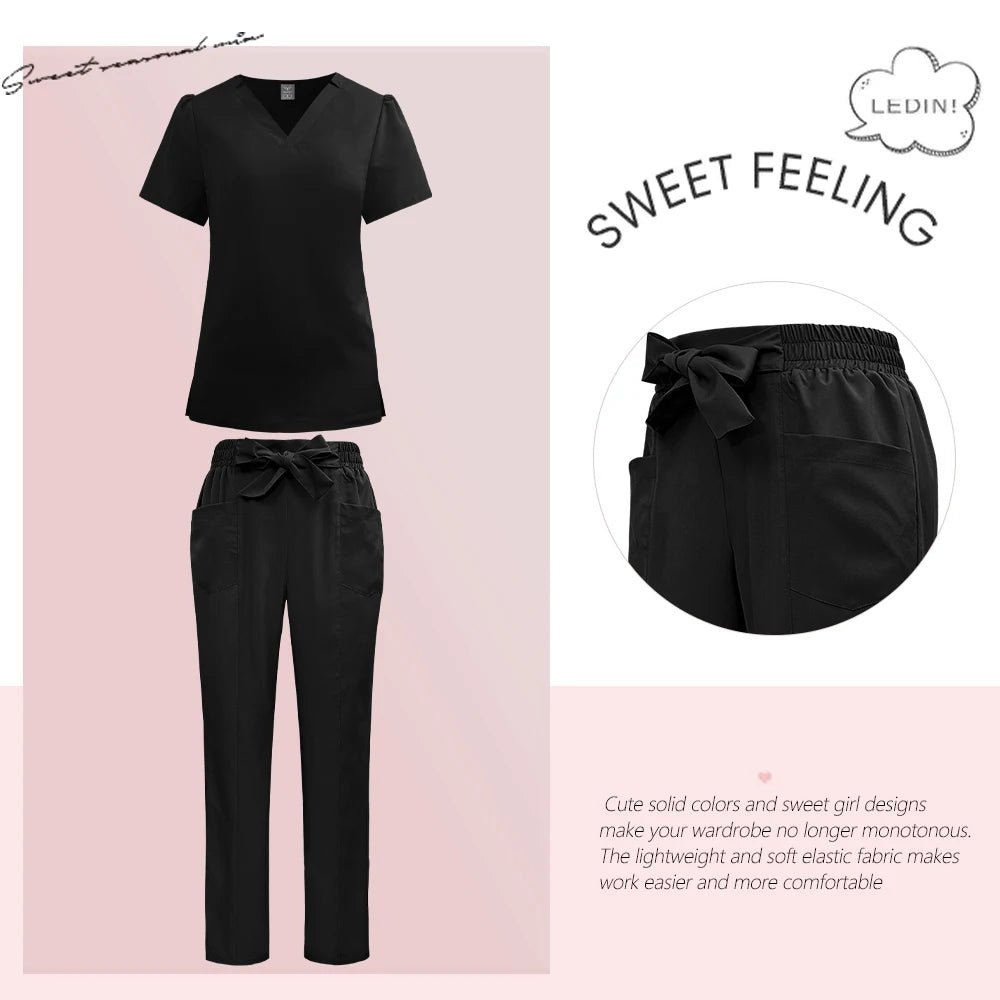 Woman Fashion Bow Belt Nursing Scrubs Set Medical Uniform - Mothscrubs